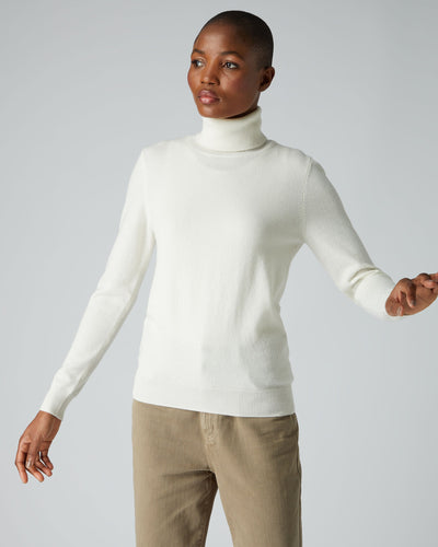 N.Peal Women's Polo Neck Cashmere Jumper New Ivory White