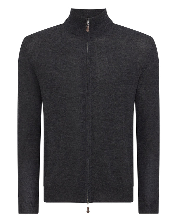 N.Peal Men's Hyde Fine Gauge Cashmere Full Zip Jumper Dark Charcoal Grey