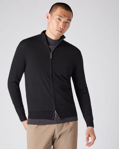 N.Peal Men's Hyde Fine Gauge Cashmere Full Zip Jumper Black