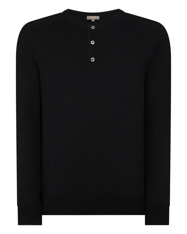 N.Peal Men's Round Neck Cotton Cashmere Henley Black