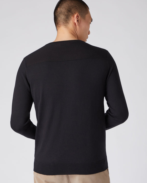 N.Peal Men's Round Neck Cotton Cashmere Henley Black