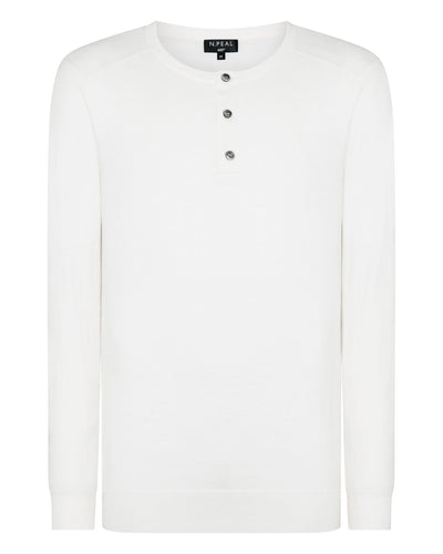N.Peal 007 Round Neck Cotton Cashmere Henley New Ivory White