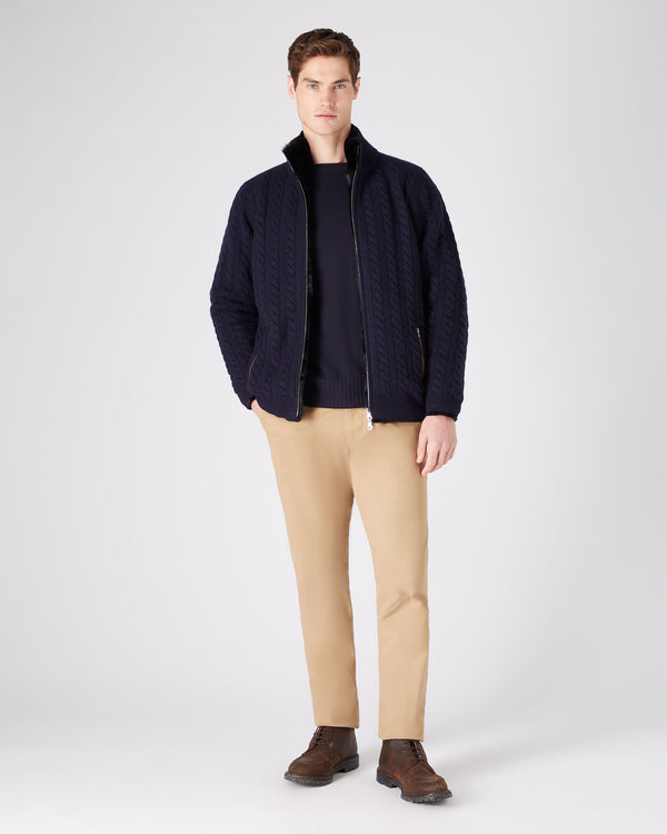 N.Peal Men's Aspen Cashmere Cable Fur Cardigan Navy Blue