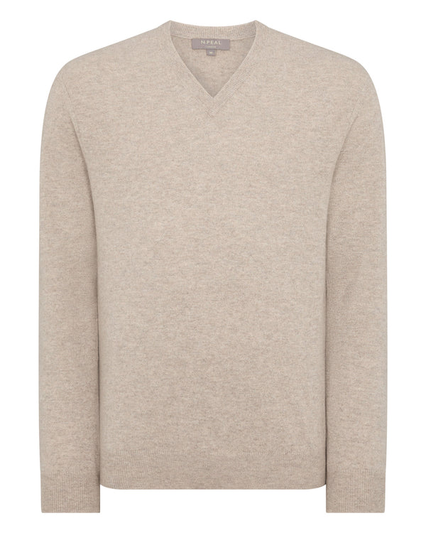 N.Peal Men's Burlington V Neck Cashmere Jumper Oatmeal Brown