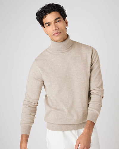 N.Peal Men's Trafalgar Roll Neck Cashmere Jumper Oatmeal Brown