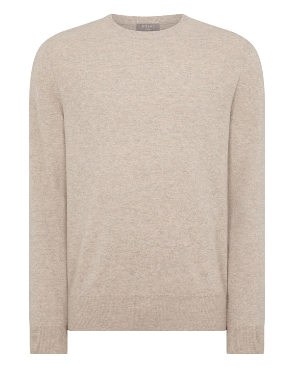 N.Peal Men's Oxford Round Neck Cashmere Jumper Oatmeal Brown