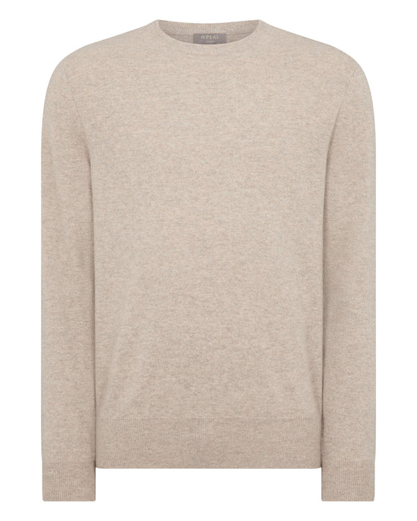 N.Peal Men's Oxford Round Neck Cashmere Jumper Oatmeal Brown