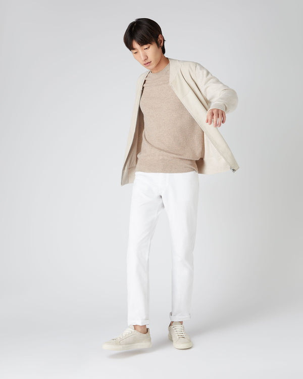 N.Peal Men's Oxford Round Neck Cashmere Jumper Oatmeal Brown