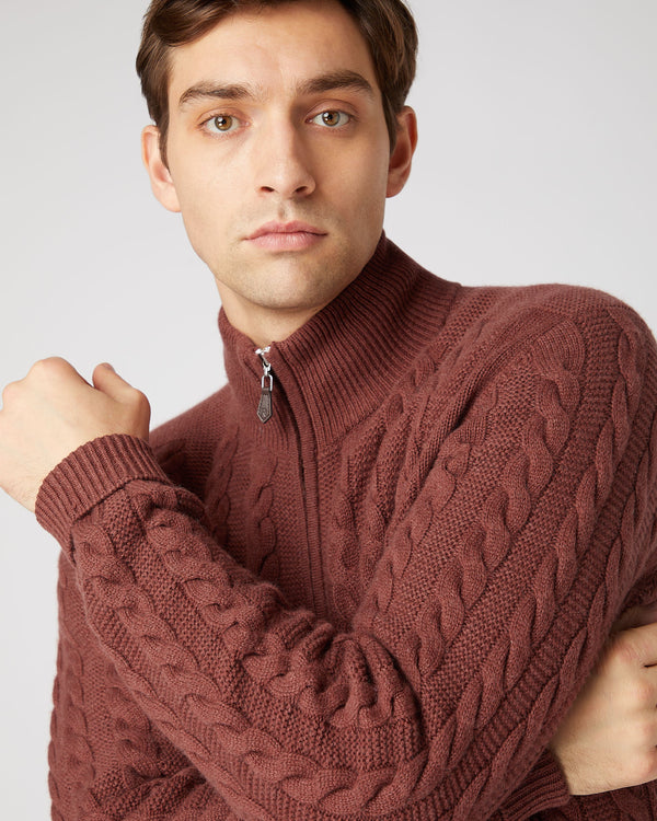 N.Peal Men's Richmond Cable Cashmere Cardigan Terracotta Brown