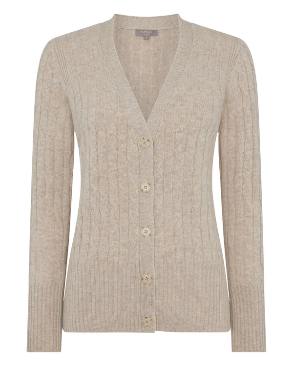 N.Peal Women's Clara Cable V Neck Cashmere Cardigan Oatmeal Brown