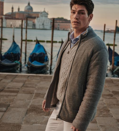 Men's Rib Padded Cashmere Jacket Flannel Grey