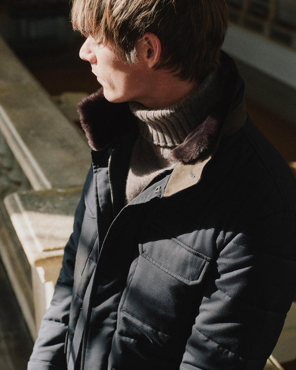 N.Peal Men's Zermatt Quilted Jacket With Fur Navy Blue