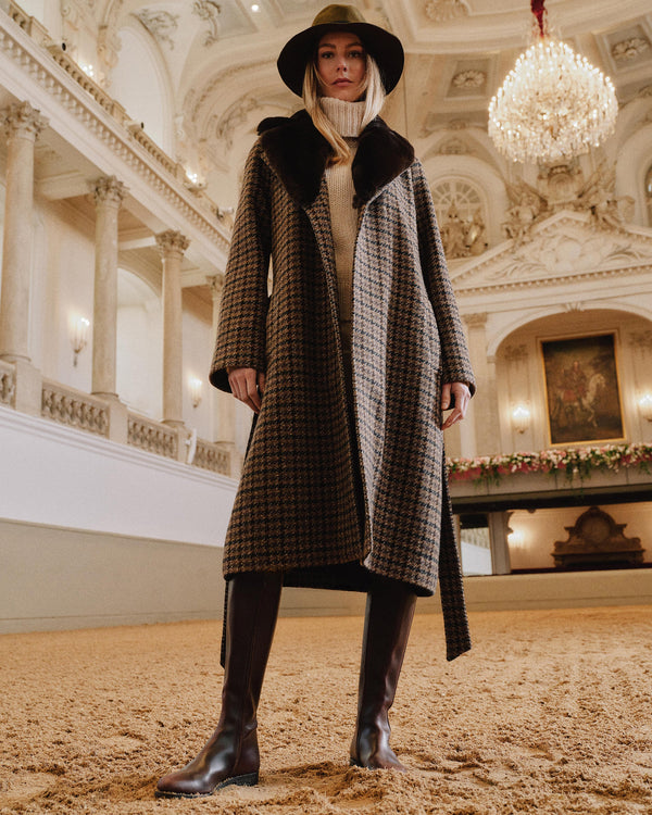 N.Peal Women's Dogtooth Fur Trim Coat Brown