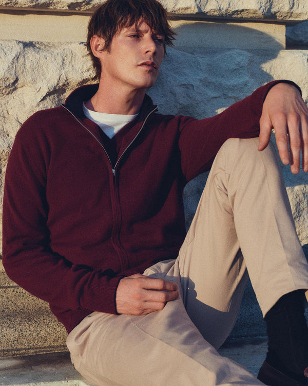 N.Peal Men's Knightsbridge Full Zip Cashmere Jumper Bordeaux Red