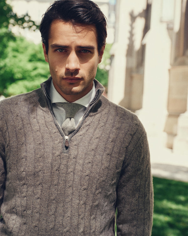 N.Peal Men's Albemarle Cable Half Zip Cashmere Jumper Wood Smoke Brown