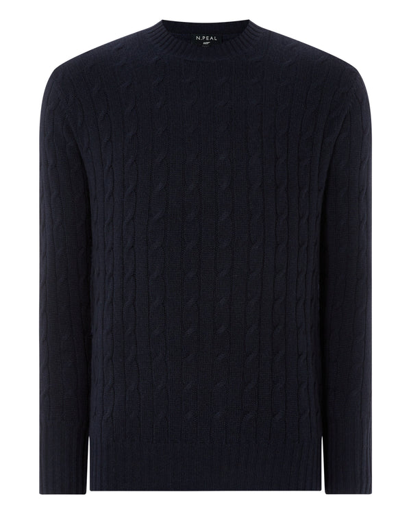 N.Peal Men's Thames Cable Round Neck Cashmere Jumper Navy Blue