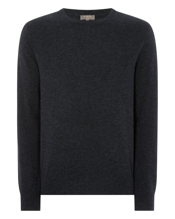 N.Peal Men's Oxford Round Neck Cashmere Jumper Dark Charcoal Grey