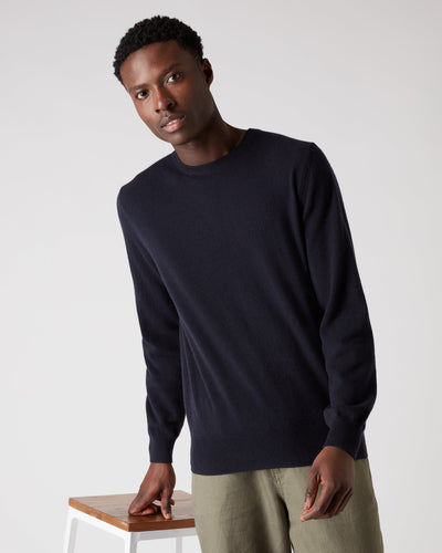 N.Peal Men's Oxford Round Neck Cashmere Jumper Navy Blue