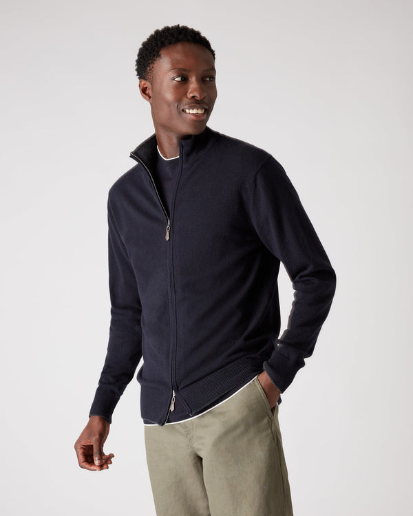 N.Peal Men's Knightsbridge Full Zip Cashmere Jumper Navy Blue