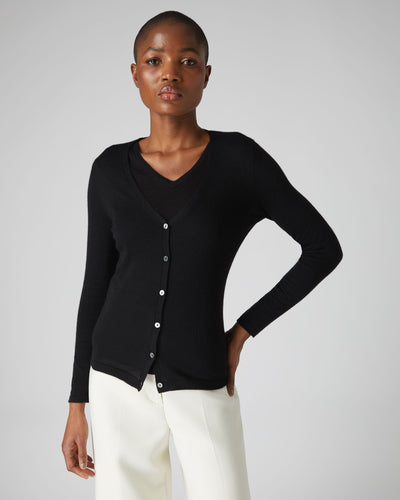 N.Peal Women's Mia Superfine Cashmere V Neck Cardigan Black