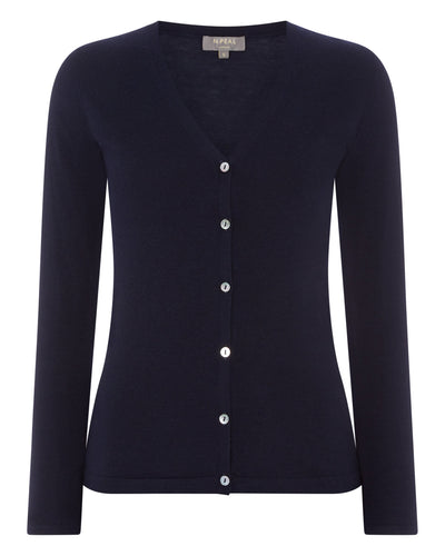 N.Peal Women's Mia Superfine Cashmere V Neck Cardigan Navy Blue