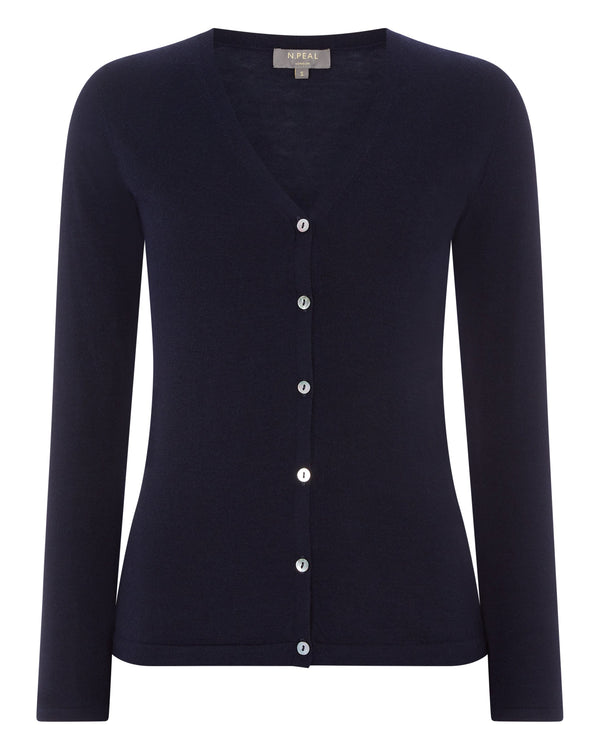 N.Peal Women's Mia Superfine Cashmere V Neck Cardigan Navy Blue