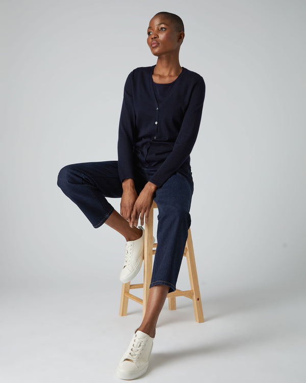 N.Peal Women's Mia Superfine Cashmere V Neck Cardigan Navy Blue
