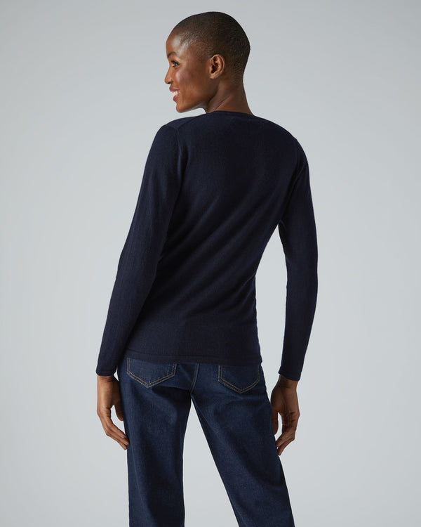 N.Peal Women's Mia Superfine Cashmere V Neck Cardigan Navy Blue