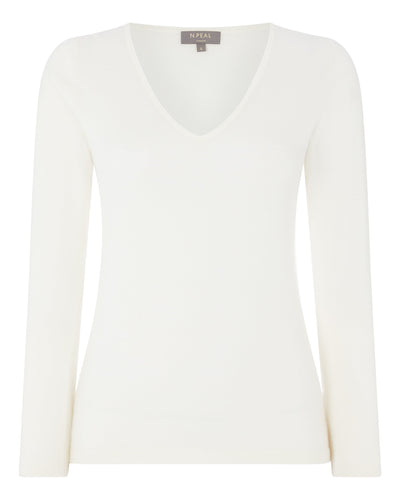 N.Peal Women's Imogen Superfine Cashmere V Neck Jumper New Ivory White
