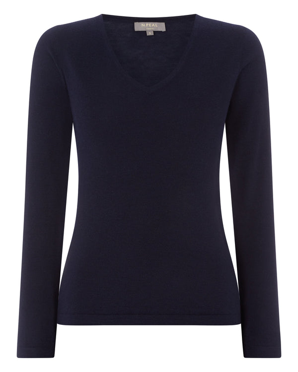 N.Peal Women's Imogen Superfine Cashmere V Neck Jumper Navy Blue