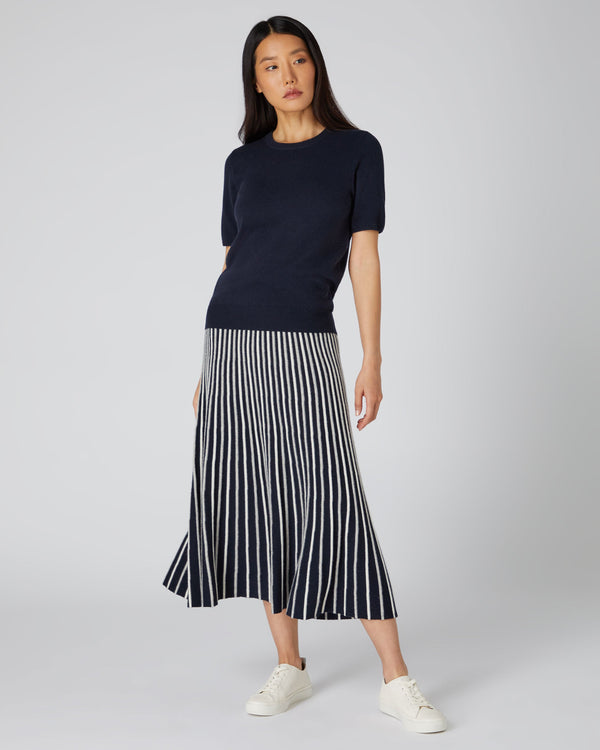 N.Peal Women's Round Neck Cashmere T Shirt Navy Blue