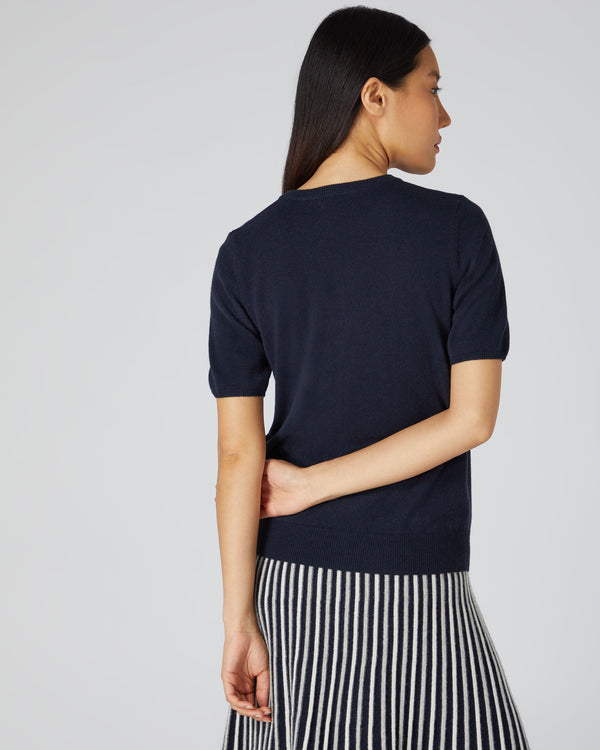 N.Peal Women's Round Neck Cashmere T Shirt Navy Blue