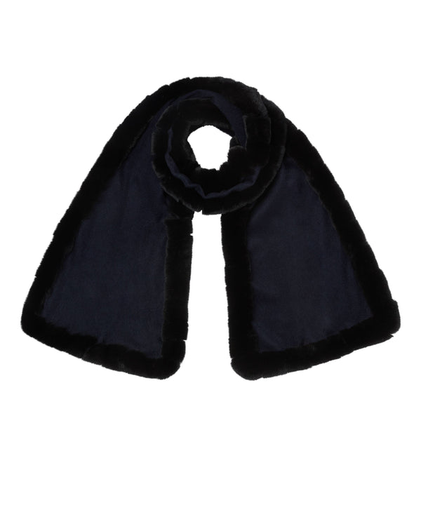 N.Peal Women's Meribel Woven Fur Trim Scarf Navy Blue