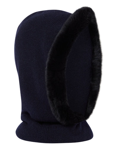 N.Peal Women's Fur Trim Ski Hood Navy Blue