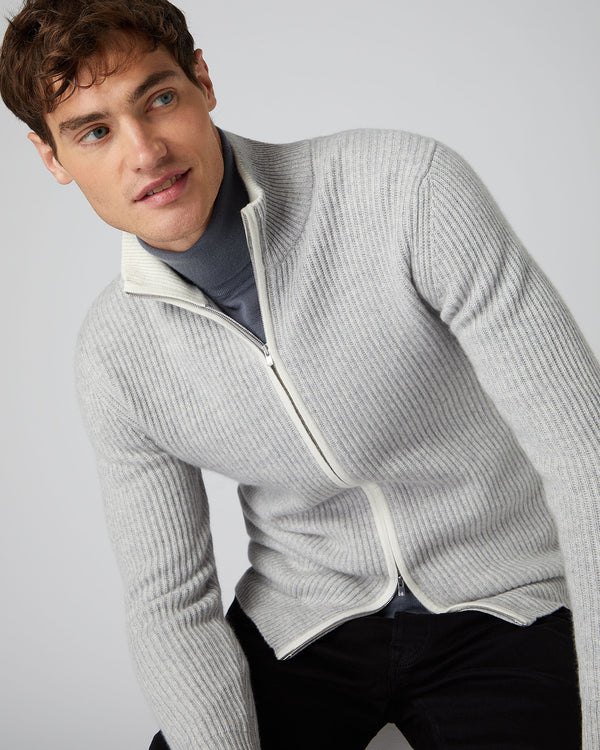 N.Peal Men's Ribbed Zip Through Cashmere Cardigan Fumo Grey