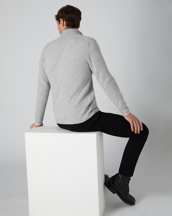 N.Peal Men's Ribbed Zip Through Cashmere Cardigan Fumo Grey