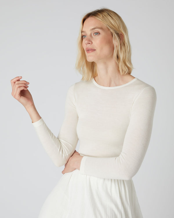 N.Peal Women's Eden Superfine Cashmere Round Neck Top New Ivory White