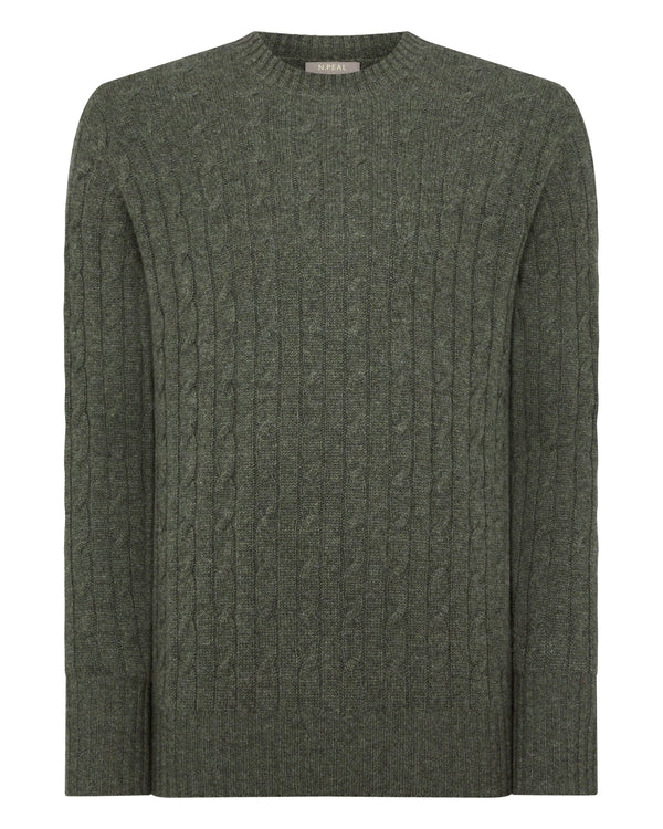 N.Peal Men's Thames Cable Round Neck Cashmere Jumper Moss Green