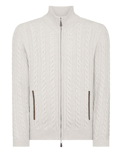 N.Peal Men's The Richmond Cable Cashmere Cardigan Pebble Grey