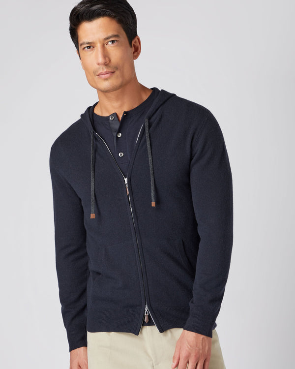 N.Peal Men's Ladbroke Cashmere Hoodie Navy Blue