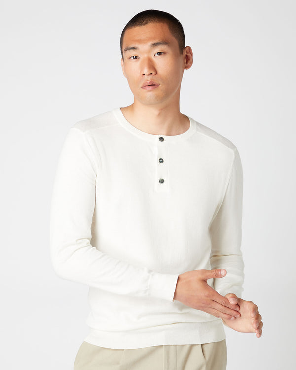 N.Peal 007 Round Neck Cotton Cashmere Henley New Ivory White