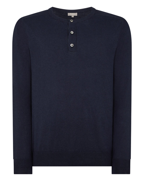 N.Peal Men's Round Neck Cotton Cashmere Henley Navy Blue