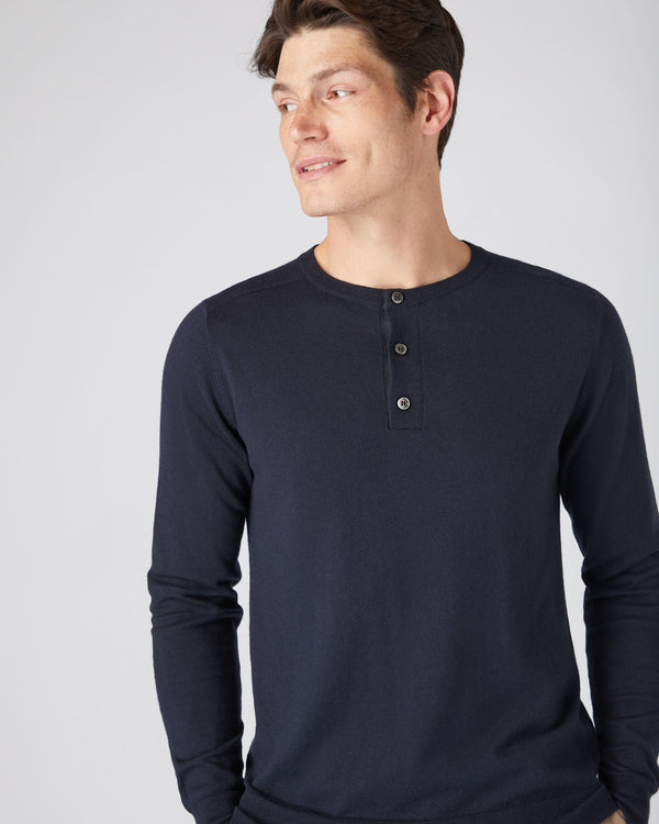 N.Peal Men's Round Neck Cotton Cashmere Henley Navy Blue