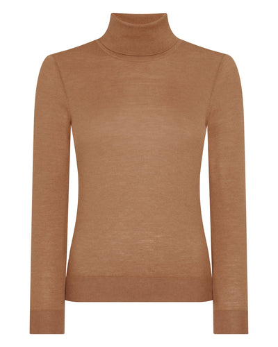 N.Peal Women's Margot Superfine Cashmere Roll Neck Jumper Dark Camel Brown