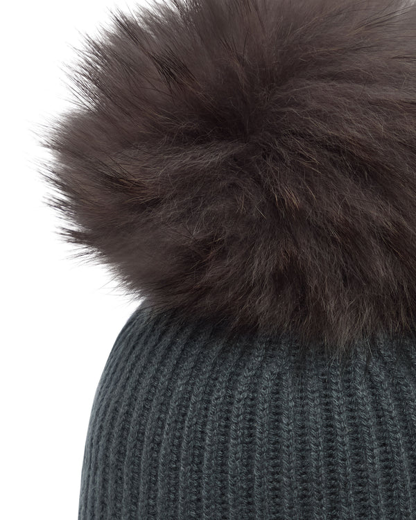 N.Peal Unisex Ribbed Cashmere Hat With Detachable Pom Anthracite Grey