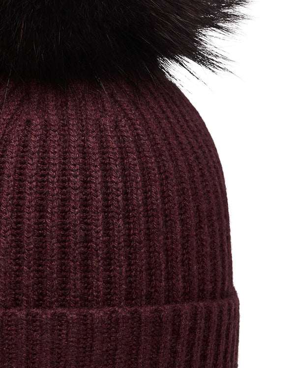 N.Peal Unisex Ribbed Cashmere Hat With Detachable Pom Claret Red