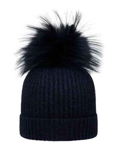 N.Peal Unisex Ribbed Cashmere Hat With Detachable Pom Navy Blue Melange