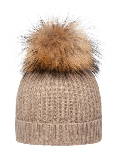 N.Peal Unisex Ribbed Cashmere Hat With Detachable Pom Oatmeal Brown