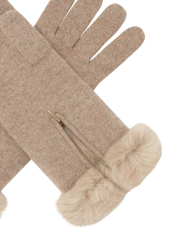 N.Peal Women's Fur Trim Cashmere Gloves Oatmeal Brown