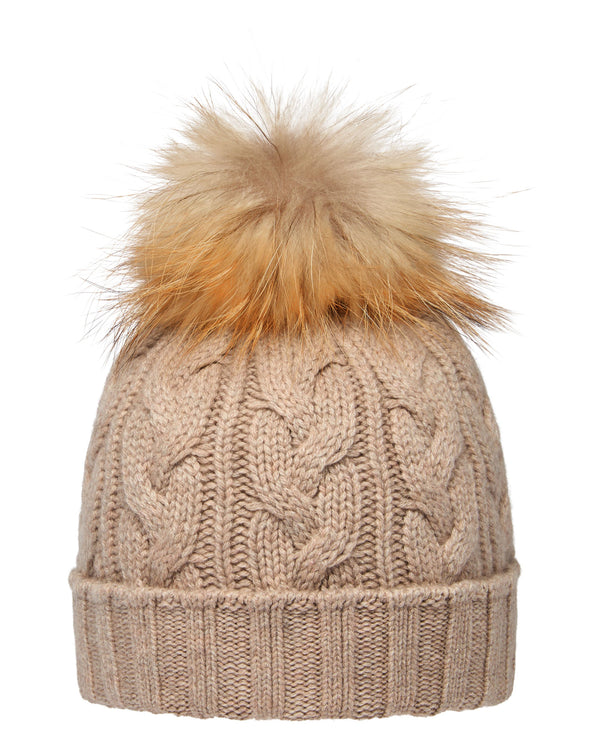 N.Peal Unisex Chunky Cable Cashmere Pom Hat Oatmeal Brown